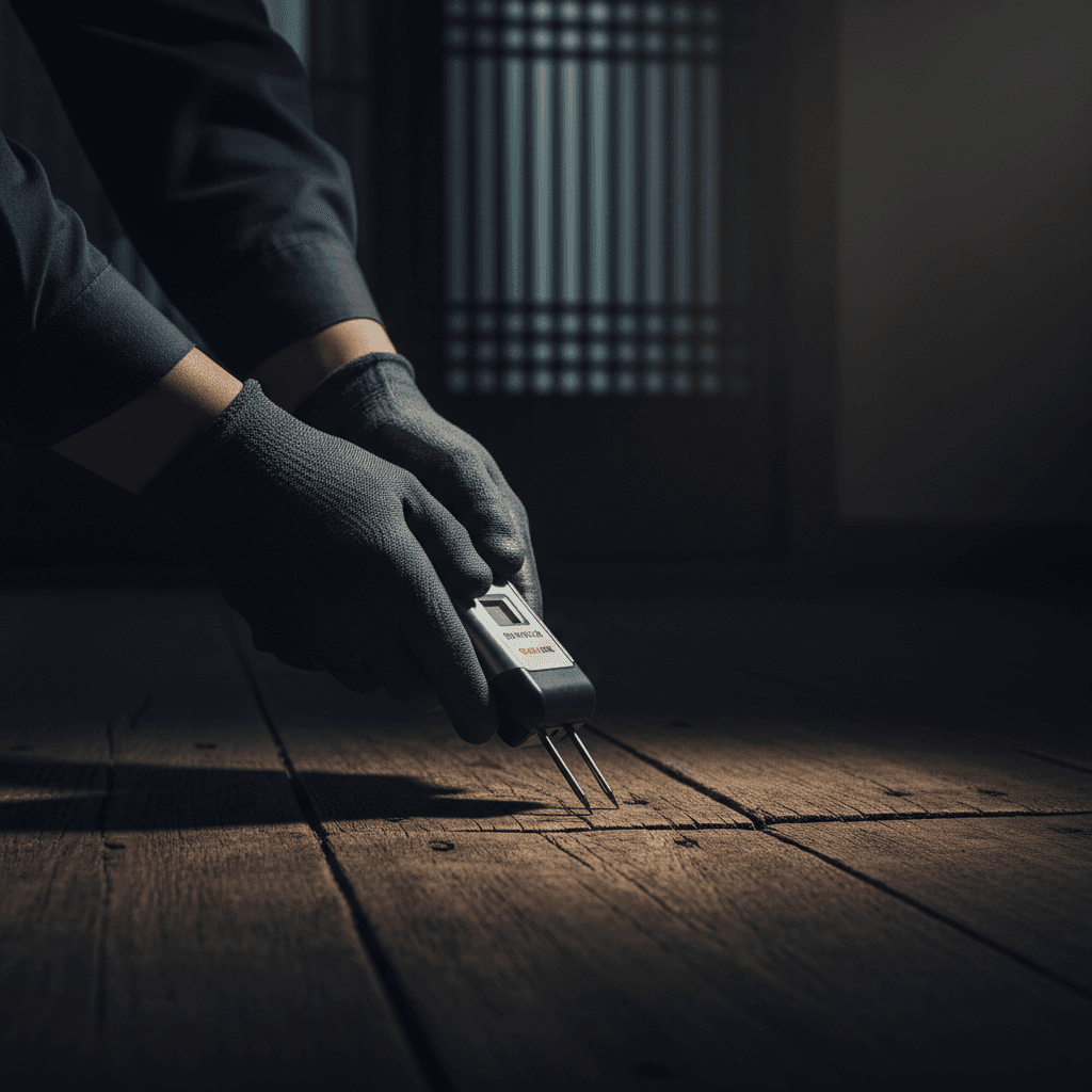 Technician using moisture meter on damaged floor